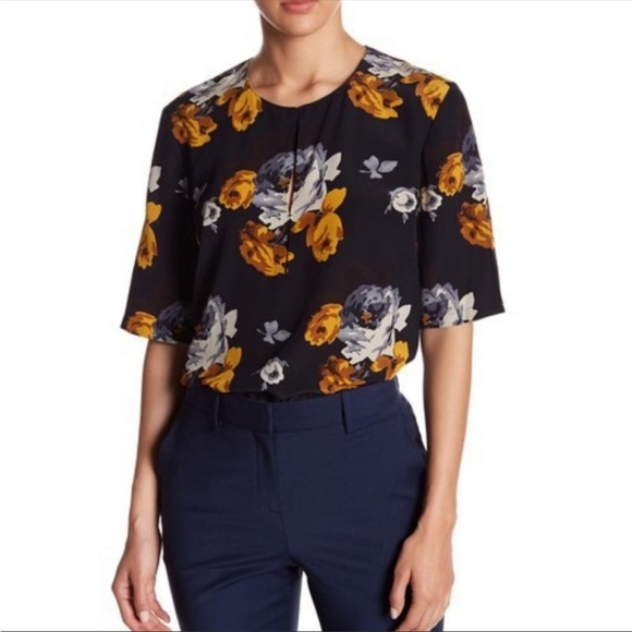 Theory Navy Antazie Floral Silk Blouse Size Small - Picture 2 of 3